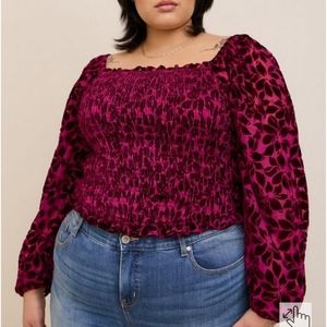 Torrid Size 1 1X Velvet Smocked Blouson Sleeve Crop Top NWT